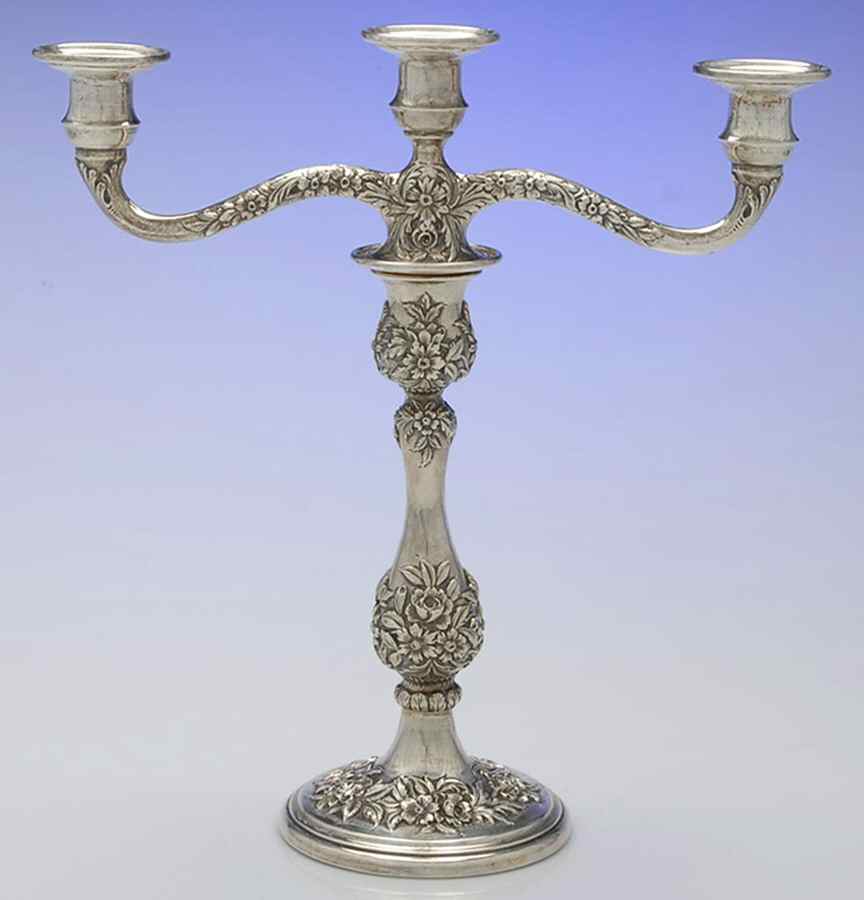 Repousse-Full Chased-Hand Chased Weighted 3 Light Candelabra by Kirk Stieff-1