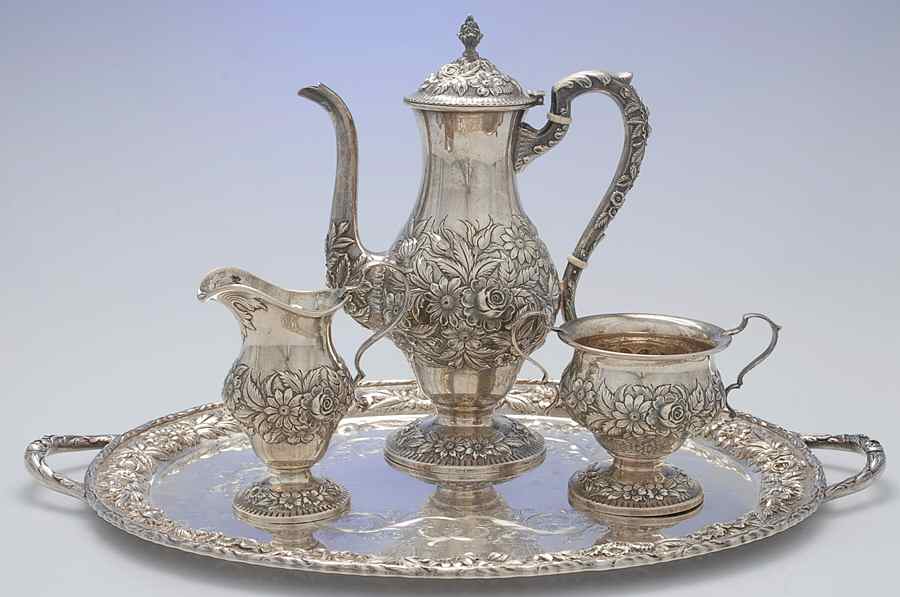 Repousse-Half Chased (Holloware) 4-Piece Sterling Demi Set with CR, SU, Tray by Kirk Stieff-1
