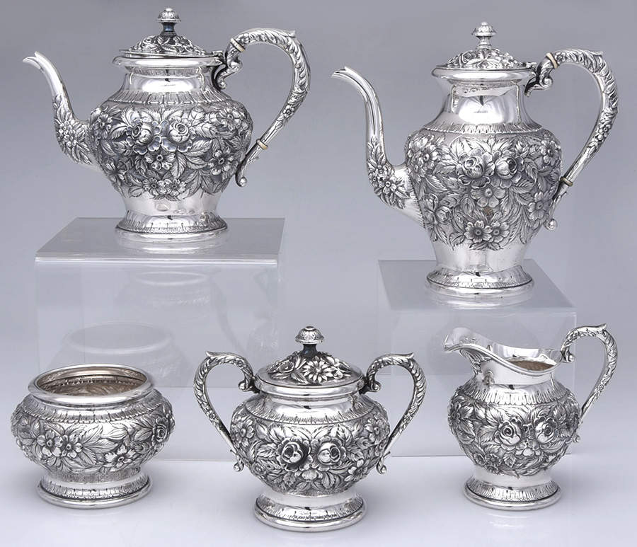 Repousse-.75 Chased 5 Piece Tea Set (SCP, STP, SCR, SSU, SWB) by Kirk Stieff-1