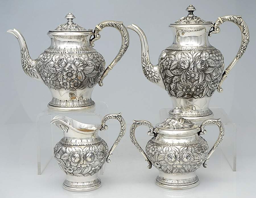 Repousse-.75 Chased 4 Piece Tea Set (SCP, STP, SCR, SSU) by Kirk Stieff-1