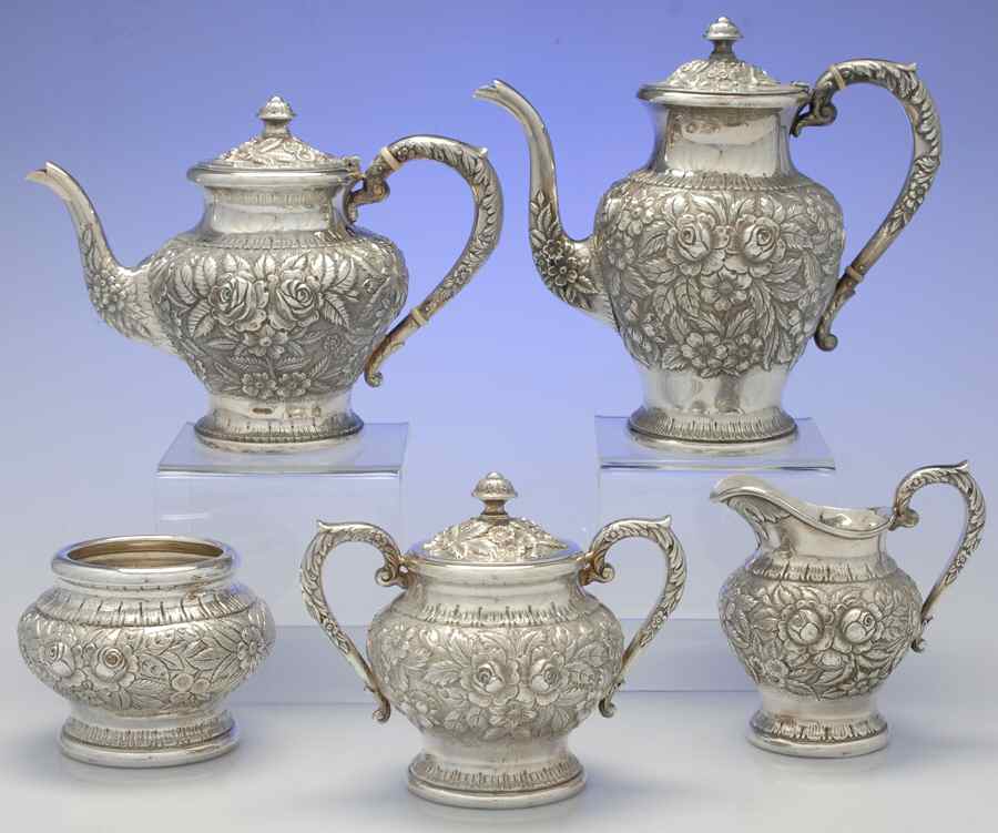 Repousse-.75 Chased 5 Piece Tea Set (SCP, STP, SCR, SSU, SWB) by Kirk Stieff-1