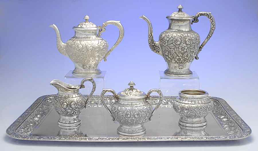 Repousse-.75 Chased 5 Piece Tea Set with Complimentary Silverplate Tray by Kirk Stieff-1