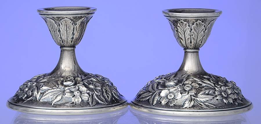 Repousse-Full Chased-Hand Chased Pair of Weighted Candleholders by Kirk Stieff-1