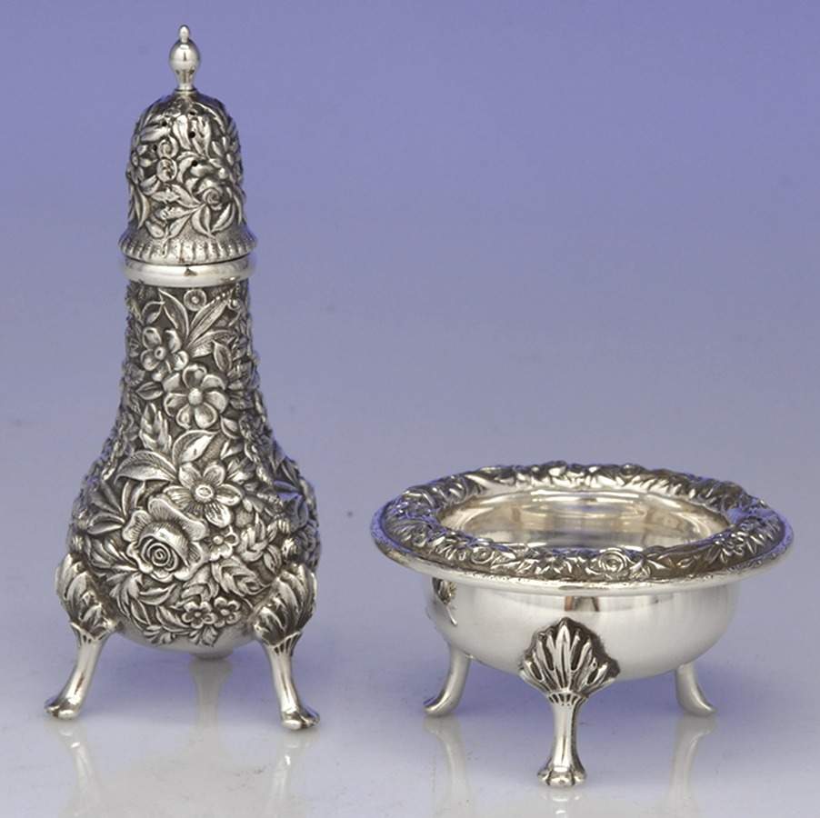 Repousse-Full Chased-Hand Chased Open Salt Master & Pepper Shaker Set by Kirk Stieff-1