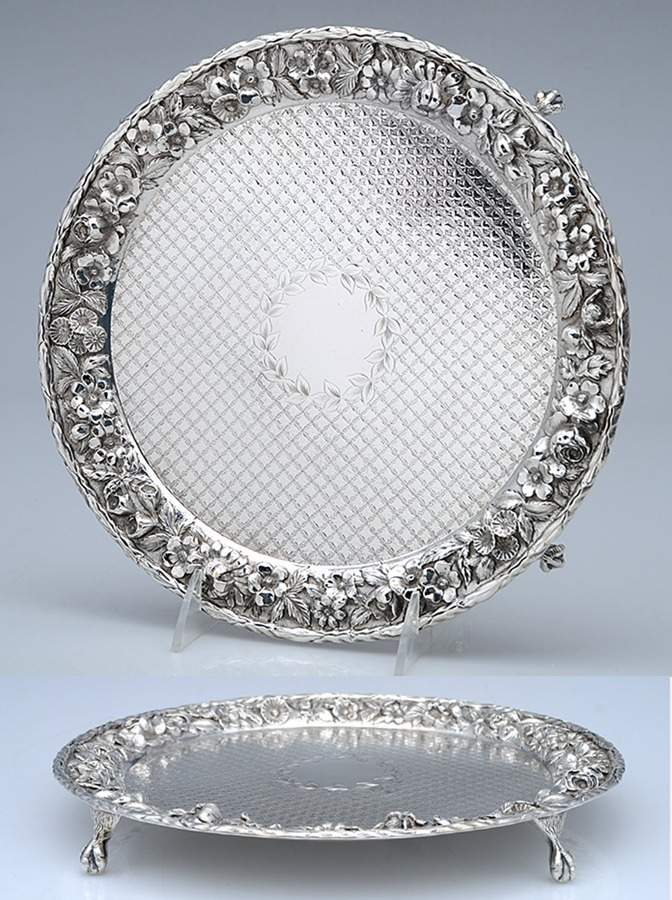 Repousse-Full Chased-Hand Chased 9" 4 Toed Round Salver by Kirk Stieff-1