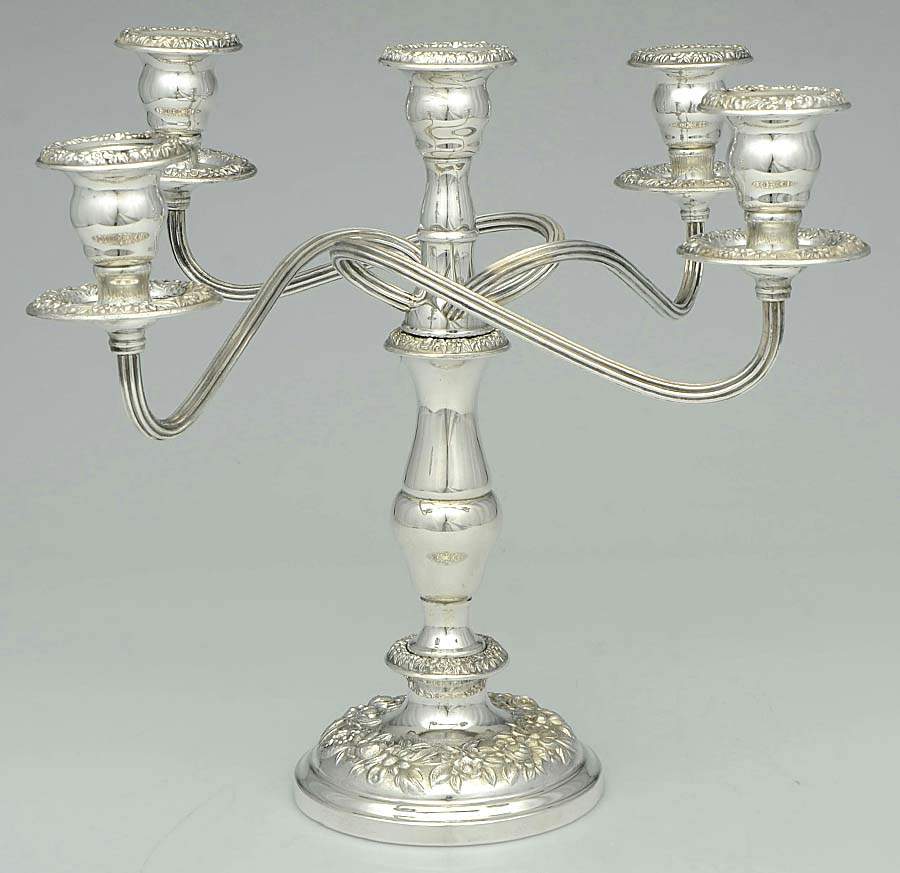 Repousse-Full Chased-Hand Chased Weighted 5 Light Candelabra by Kirk Stieff-1
