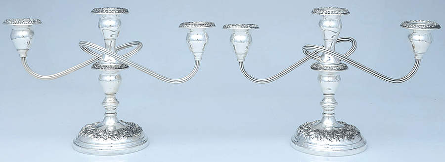 Repousse-Full Chased-Hand Chased Pair of Weighted 3 Light Candelabra by Kirk Stieff-1
