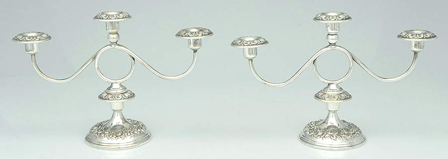 Repousse-Full Chased-Hand Chased Pair of Weighted 3 Light Candelabra by Kirk Stieff-1