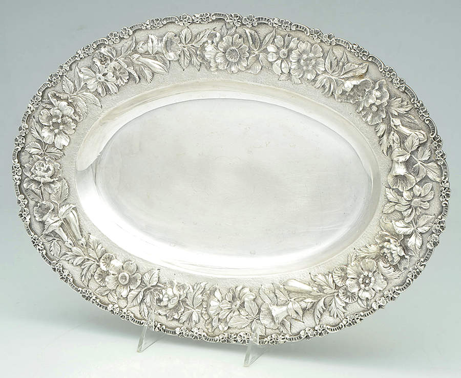 Repousse-Full Chased-Hand Chased 15" Oval Serving Platter by Kirk Stieff-1