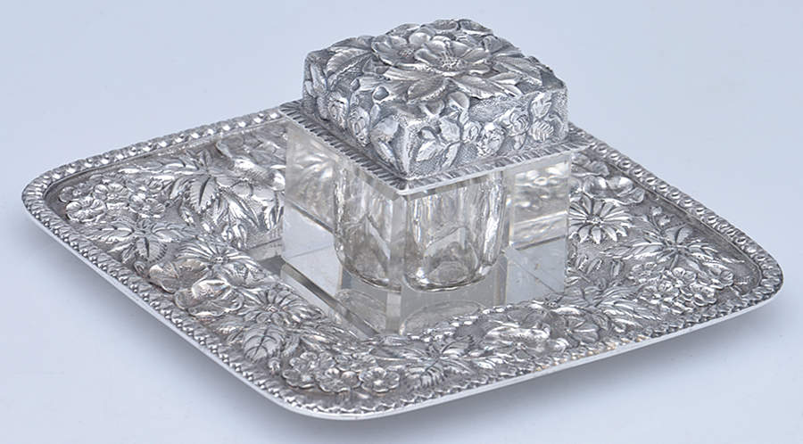 Repousse-Full Chased-Hand Chased (3 Piece) Inkwell with Glass Base by Kirk Stieff-1
