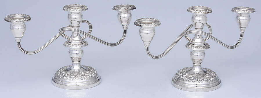 Repousse-Full Chased-Hand Chased Pair of Weighted 3 Light Candelabra by Kirk Stieff-1