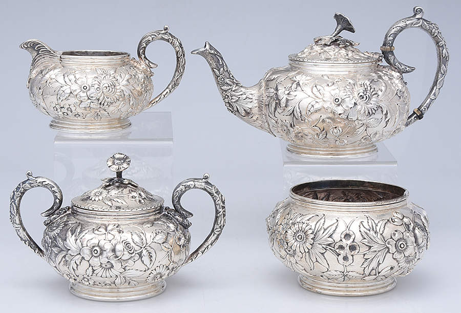 Repousse-Full Chased-Hand Chased 4 Piece Tea Set (STP, SCR, SSU, SWB) by Kirk Stieff-1
