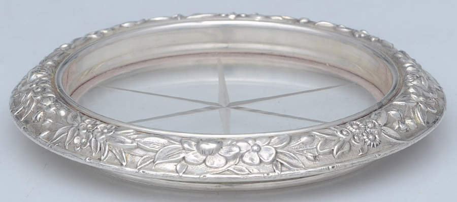 Repousse-Full Chased-Hand Chased Crystal Coaster with Sterling Rim by Kirk Stieff-1