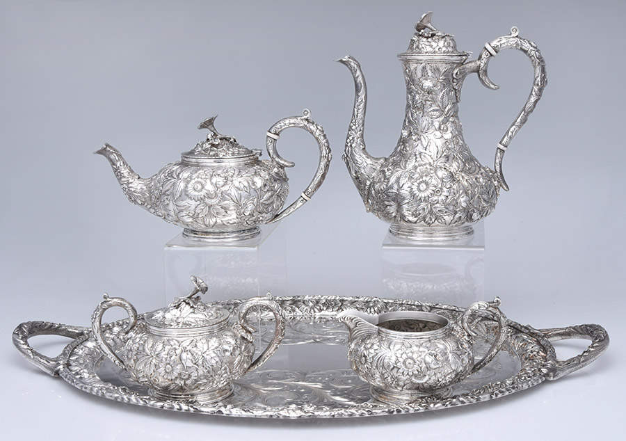 Repousse-Full Chased-Hand Chased 5 Piece Tea Set (SCP, STP, SCR, SSU, WT20) by Kirk Stieff-1