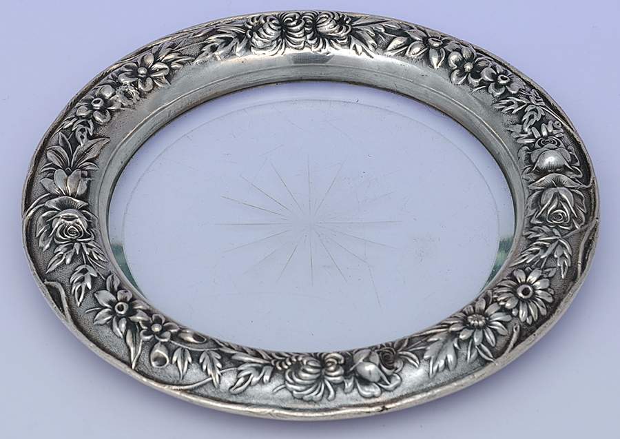 Repousse-Full Chased-Hand Chased Crystal Wine Coaster with Sterling Lip by Kirk Stieff-1