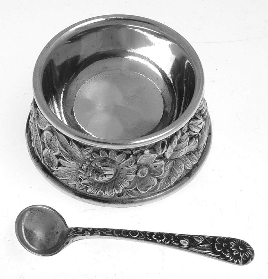 Repousse-Full Chased-Hand Chased Open Master Salt with Spoon by Kirk Stieff-1