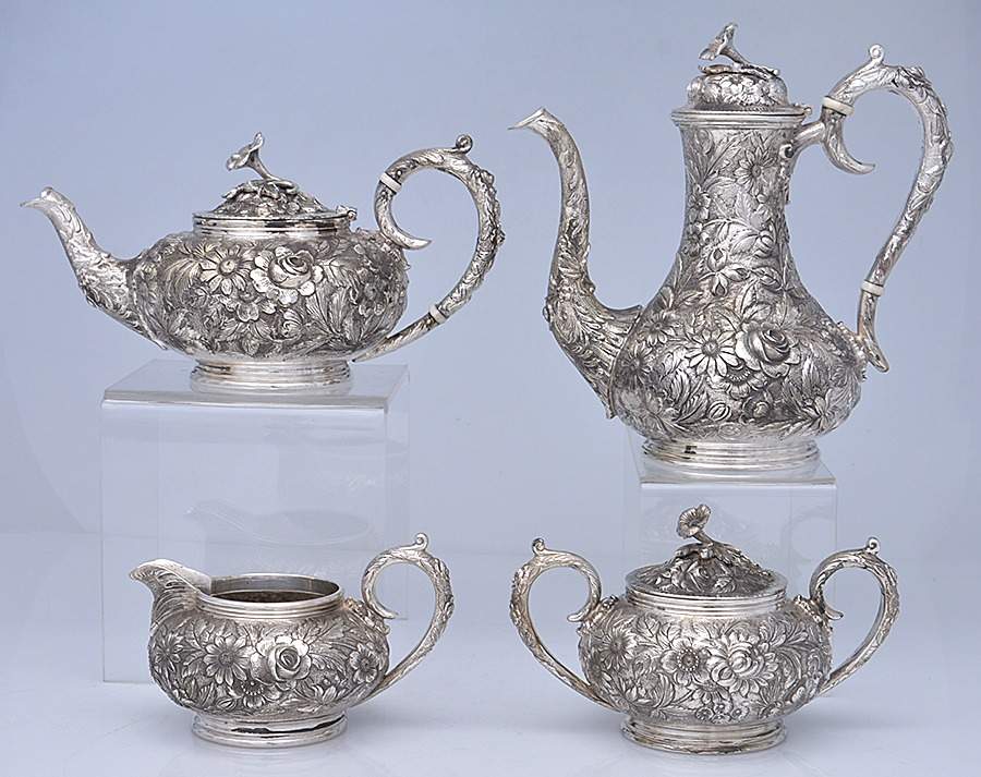 Repousse-Full Chased-Hand Chased 4 Piece Tea Set (SCP, STP, SCR, SSU) by Kirk Stieff-1