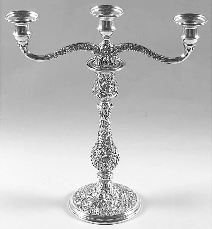 Repousse-Full Chased-Hand Chased Weighted 3 Light Candelabra by Kirk Stieff-1