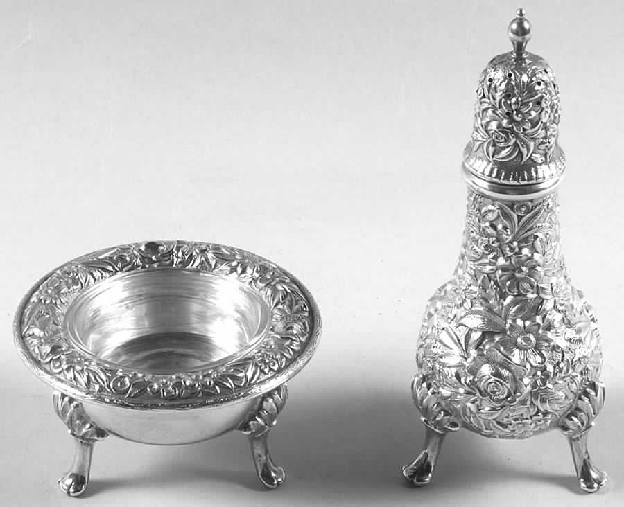 Repousse-Full Chased-Hand Chased Sterling Open Salt and Pepper and Liner Individual by Kirk Stieff-1