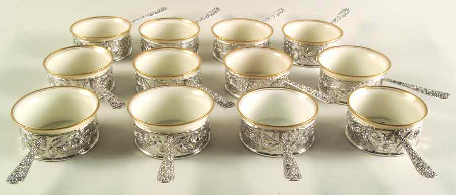 Repousse-Full Chased-Hand Chased Ramekin Wlenox Liner-Set/12 by Kirk Stieff-1