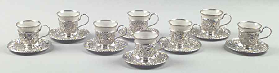 Repousse-Full Chased-Hand Chased Demi Cup and Saucer with Liner - Set of 8 by Kirk Stieff-1