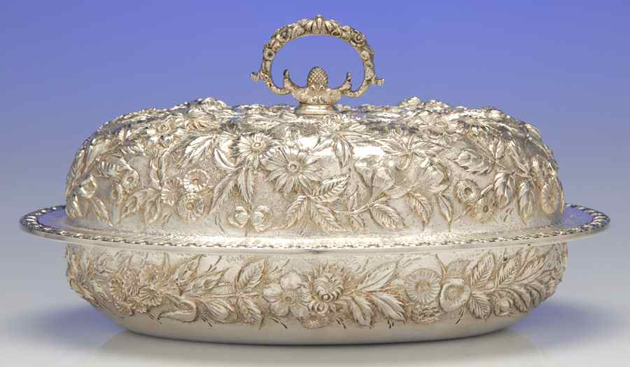 Repousse-Full Chased-Hand Chased 10" Oval Double Vegetable by Kirk Stieff-1