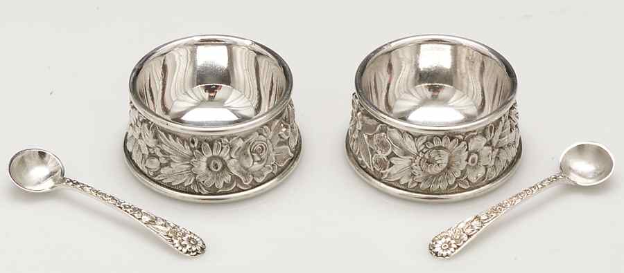 Repousse-Full Chased-Hand Chased Set of 2 Individual Open Salt & Spoon by Kirk Stieff-1