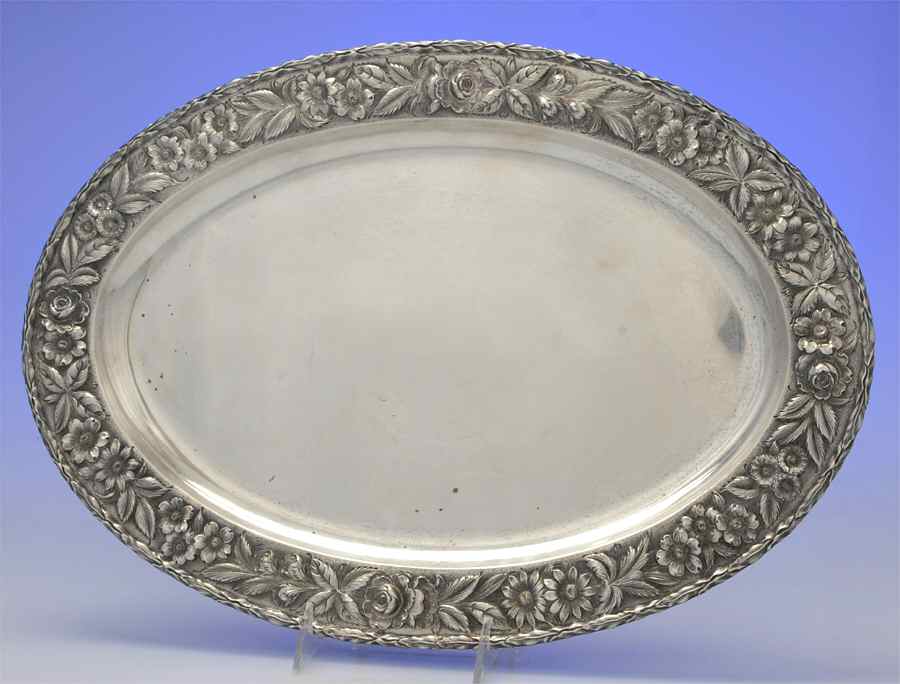 Repousse-Full Chased-Hand Chased 18" Oval Serving Platter by Kirk Stieff-1