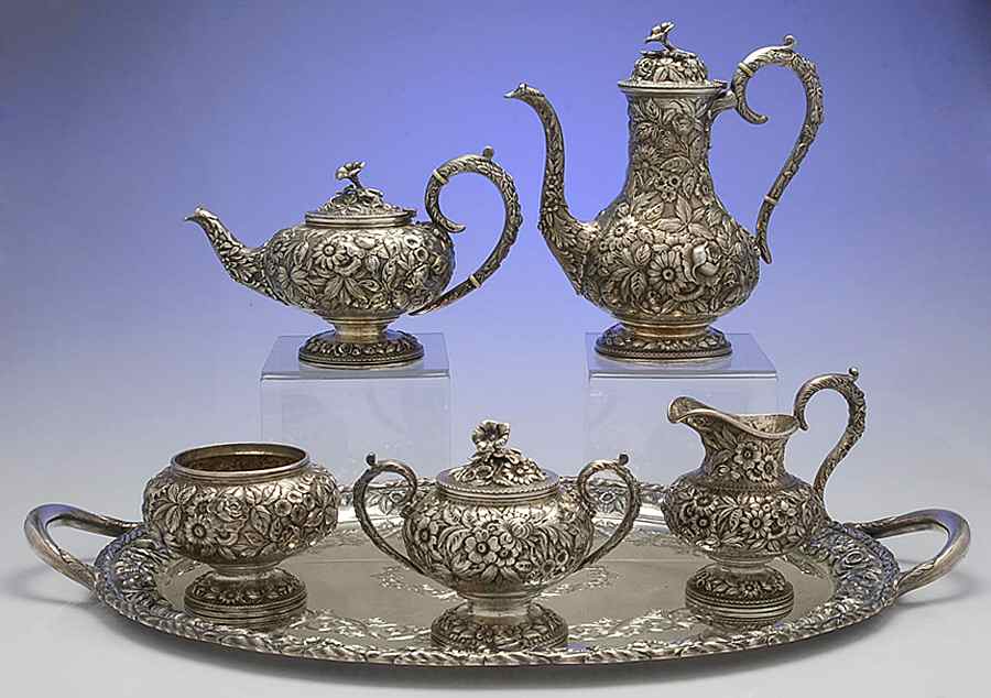 Repousse-Full Chased-Hand Chased 6 Piece Tea Set (CP3, TP3, CR3, SU3, WB3, WT24) by Kirk Stieff-1