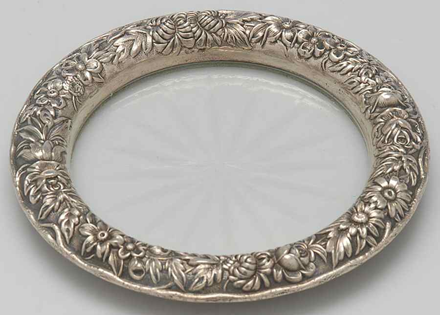Repousse-Full Chased-Hand Chased Crystal Coaster with Sterling Rim by Kirk Stieff-1