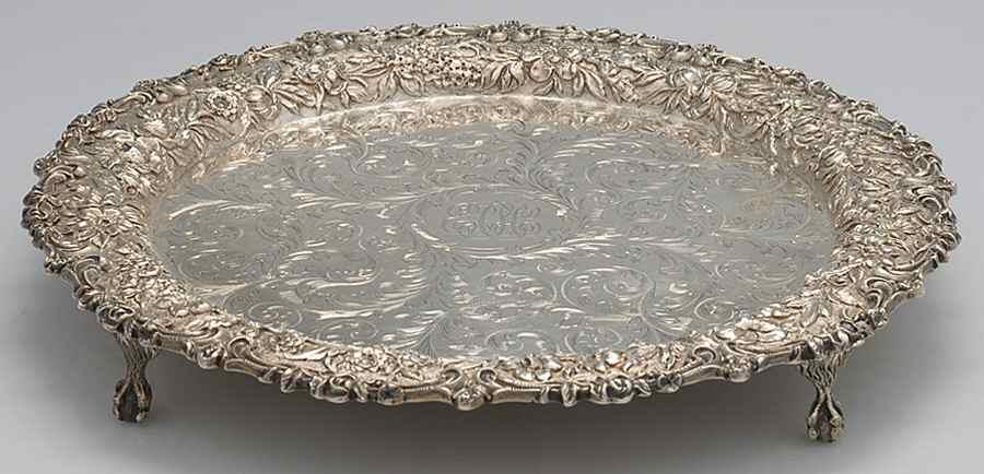 Repousse-Full Chased-Hand Chased 11" 4 Toed Round Salver by Kirk Stieff-1