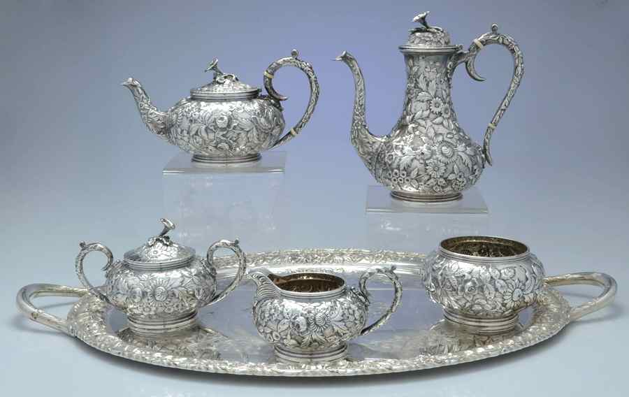 Repousse-Full Chased-Hand Chased 6 Piece Tea Set (SCP, STP, SCR, SSU, SWB, WT22) by Kirk Stieff-1