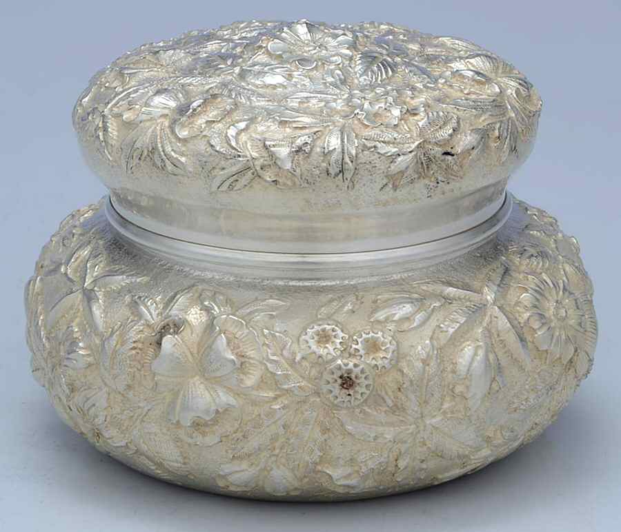 Repousse-Full Chased-Hand Chased Solid Powder Box & Lid by Kirk Stieff-1
