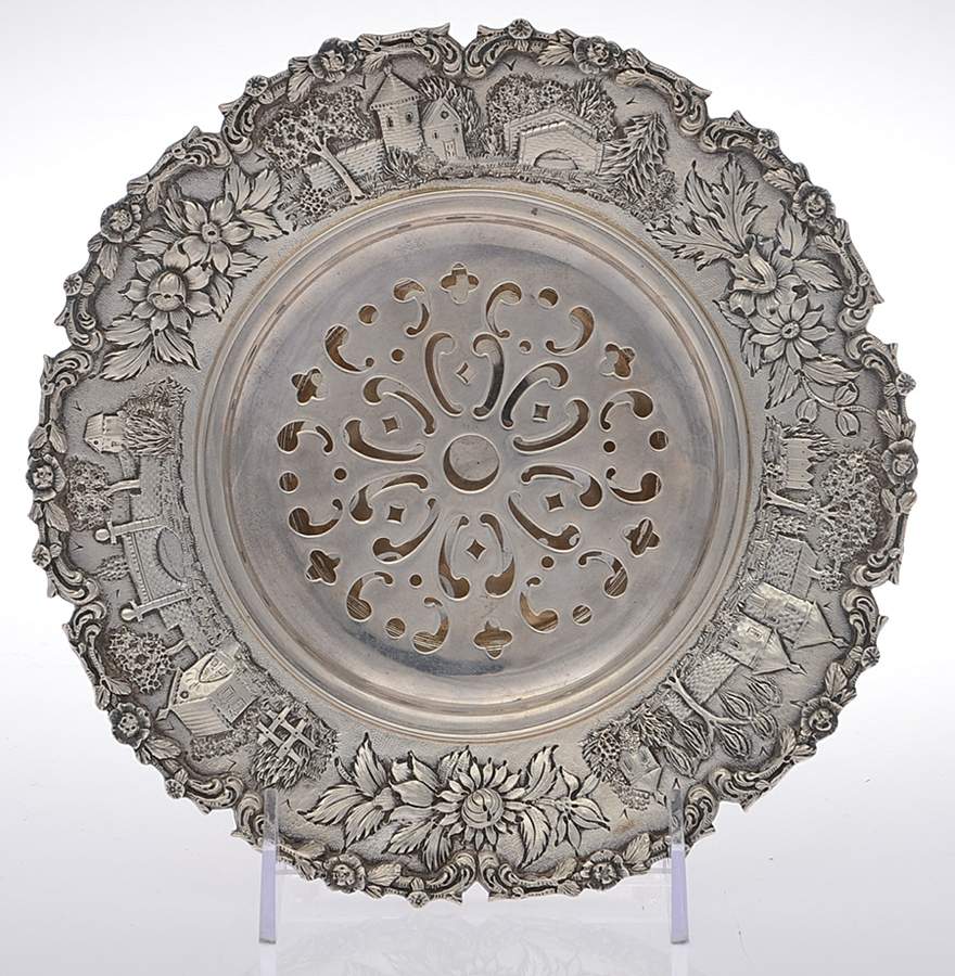Repousse-Full Chased-Landscape (Sterling) Round Open Butter with Strainer by Kirk Stieff-1