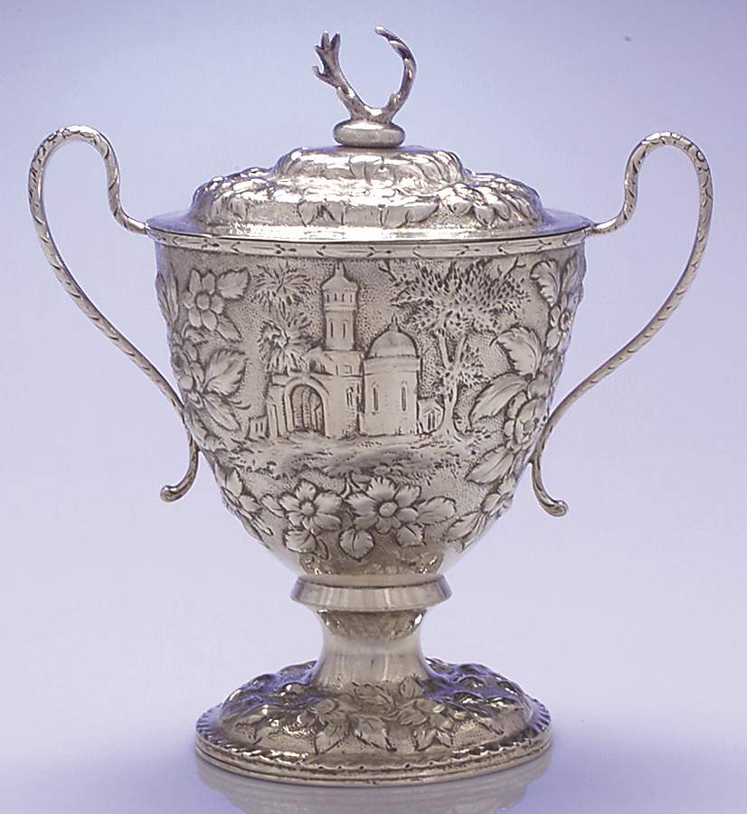 Repousse-Full Chased-Landscape (Sterling) Sugar Bowl & Lid by Kirk Stieff-1