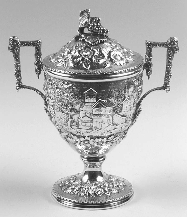 Repousse-Full Chased-Landscape (Sterling) Sugar Bowl & Lid by Kirk Stieff-1