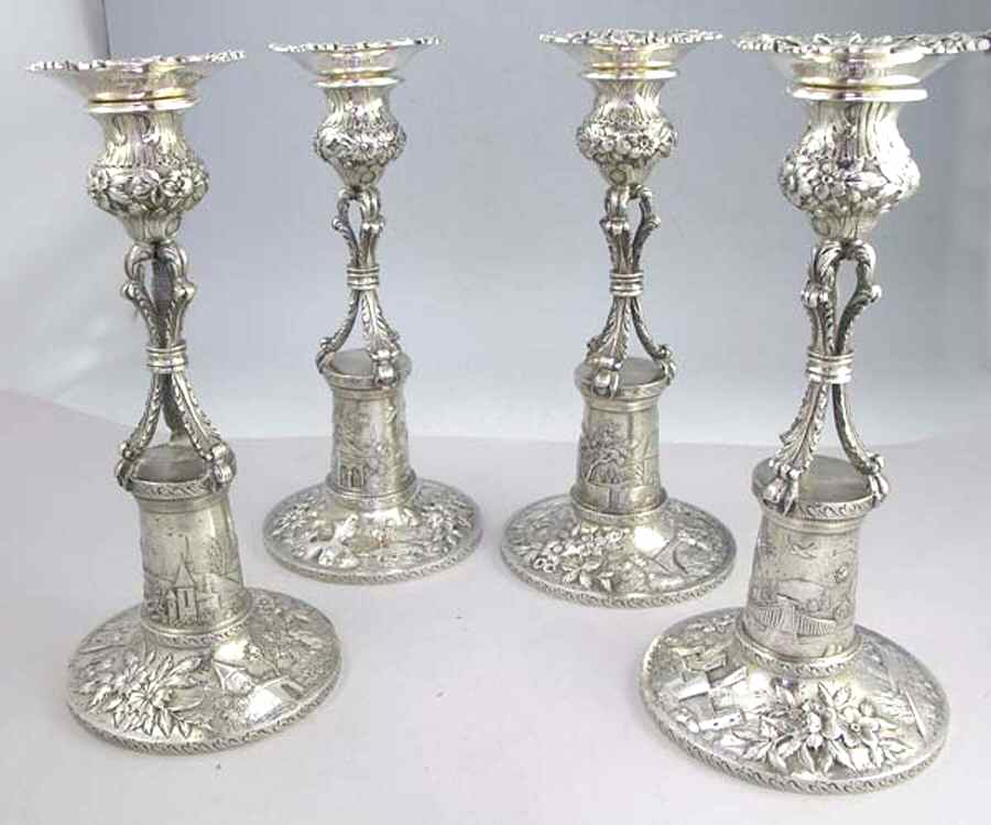 Repousse-Full Chased-Landscape (Sterling) Candlestick - Set of 4 by Kirk Stieff-1