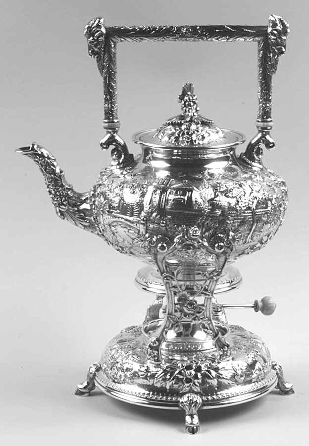 Repousse-Full Chased-Landscape (Sterling) Kettle, Stand & Burner by Kirk Stieff-1