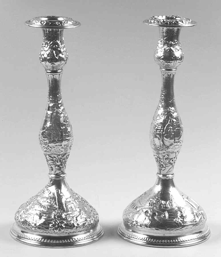 Repousse-Full Chased-Landscape (Sterling) Pair of Candlesticks by Kirk Stieff-1