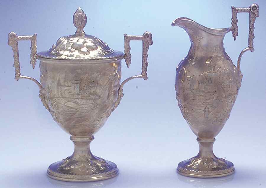 Repousse-Full Chased-Landscape (Sterling) Creamer & Sugar Bowl with Lid Set by Kirk Stieff-1