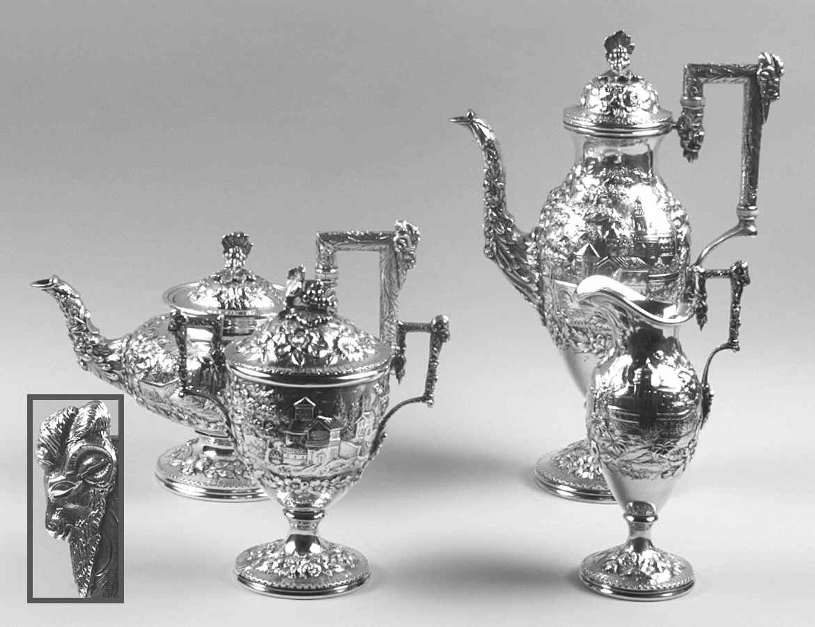 Repousse-Full Chased-Landscape (Sterling) 4 Piece Tea Set (SCP1, STP1, SCR1, SSU1) by Kirk Stieff-1