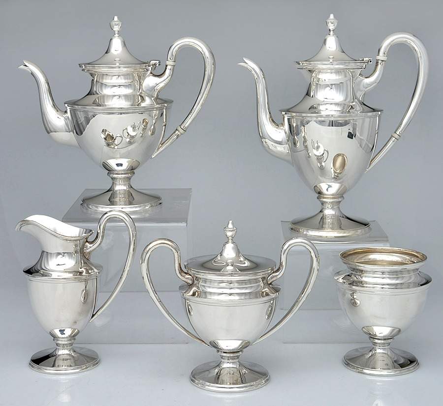 Colonial (Sterling, 0650, Hollowware) 5 Piece Tea Set (SCP, STP, SCR, SSU, SWB) by Kirk Stieff-1