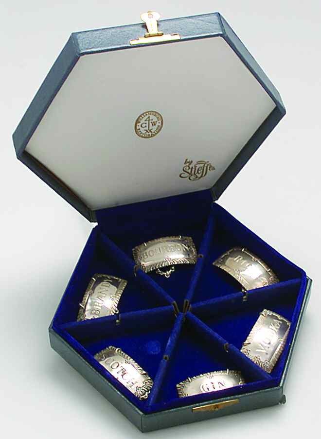 Williamsburg (Sterling, Hollowware) Decanter Label - Set of 6 & Case by Kirk Stieff-1