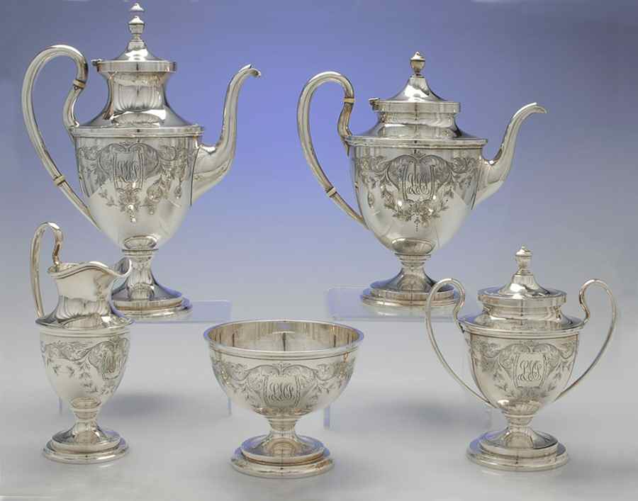 Mayflower (Sterling, Hollowware) 5 Piece Tea Set (SCP1, STP1, SCR1, SSU1, SWB1) by Kirk Stieff-1