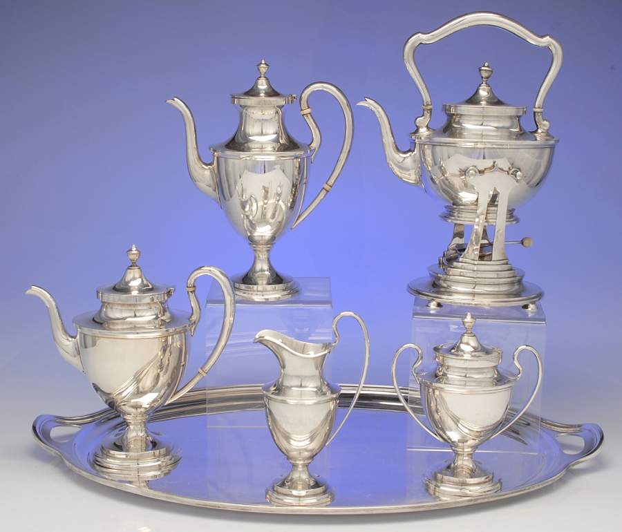 Calvert-Old Maryland Plain (Sterling, Hollowware) 7 Piece Tea Set (SCP, STP, SCR, SSU, SWB, SKES & WTL) by Kirk Stieff-1