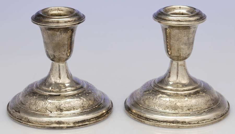 Old Maryland-Engv (Sterling, Hollowware) Pair of Weighted Candleholders by Kirk Stieff-1