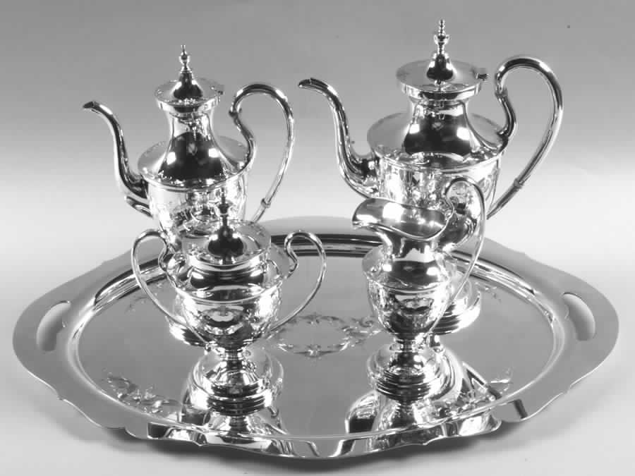 Old Maryland-Engv (Sterling, Hollowware) Coffee Set-5 Piece (CP, DEP, CR, SU, WT21) by Kirk Stieff-1