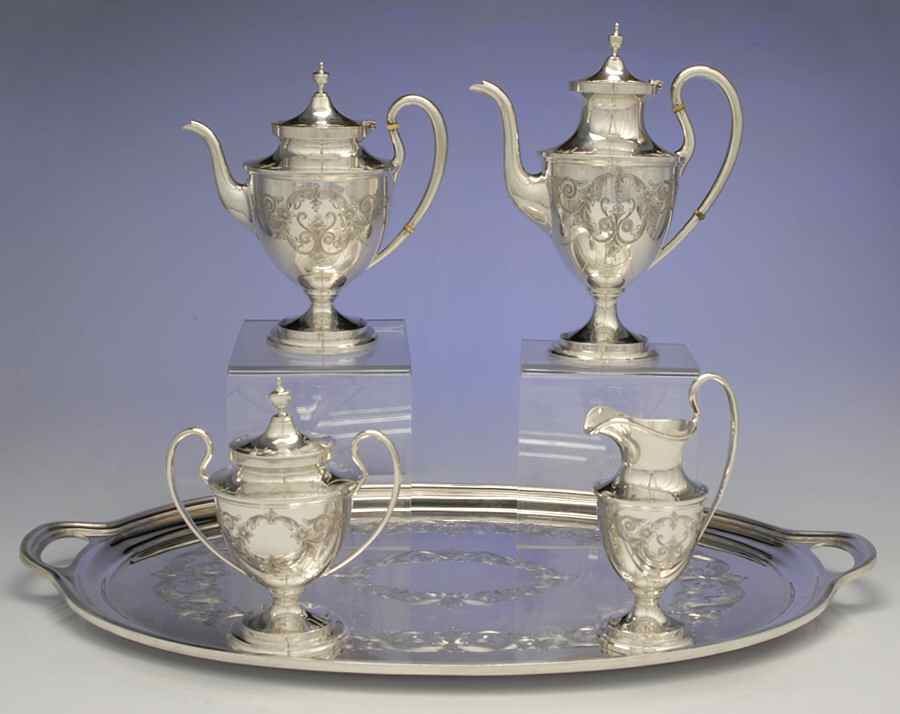 Old Maryland-Engv (Sterling, Hollowware) 5 Piece Tea Set (SCP, STP, SCR, SSU, WTL) by Kirk Stieff-1