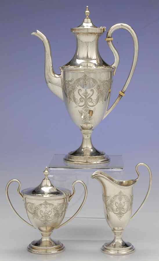 Old Maryland-Engv (Sterling, Hollowware) 3 Pc Mini Coffee Set (SCPM, SCRM, SUM) by Kirk Stieff-1