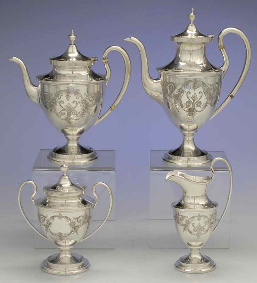 Old Maryland-Engv (Sterling, Hollowware) 4 Piece Tea Set (SCP, STP, SCR, SSU) by Kirk Stieff-1
